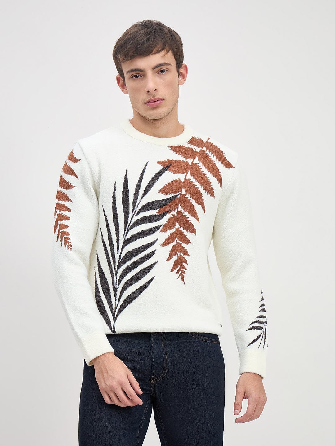 Iconic Men White Floral Round Neck Sweater