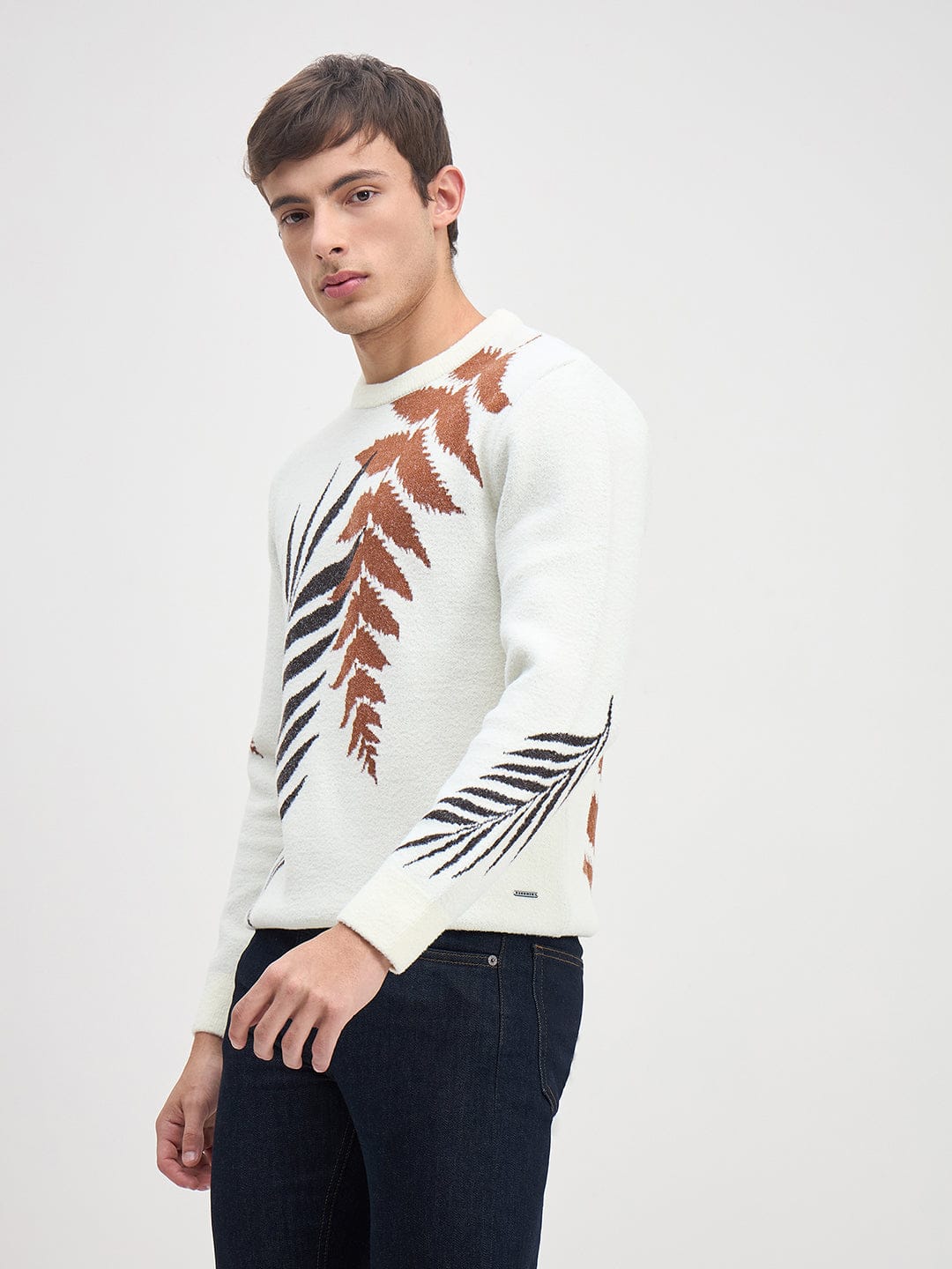 Iconic Men White Floral Round Neck Sweater