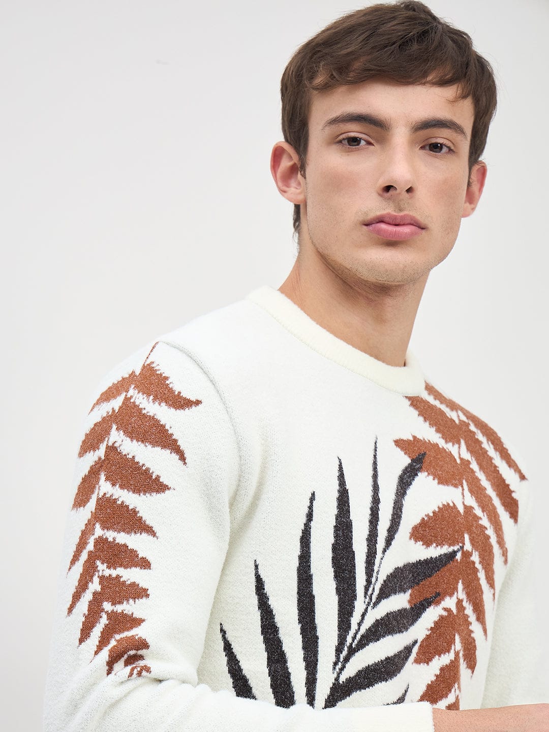 Iconic Men White Floral Round Neck Sweater