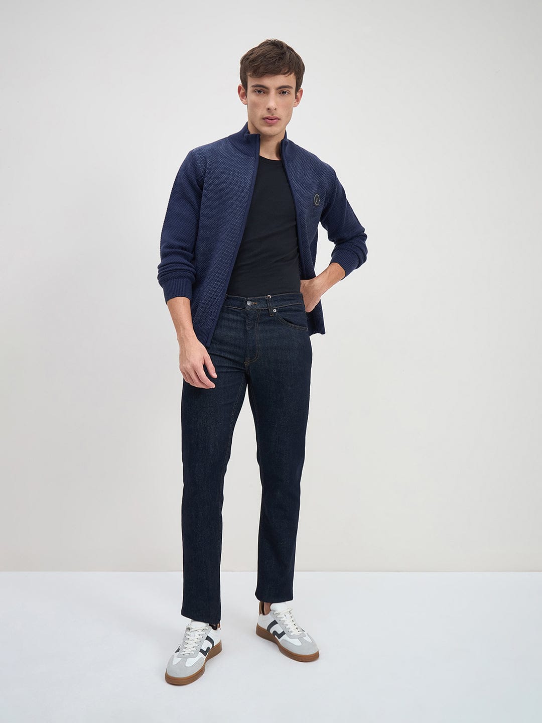 ICONIC Men Navy Blue Textured High Neck Regular Fit Sweater