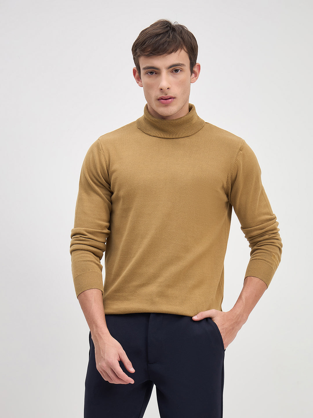 ICONIC Men Brown Solid High Neck Regular Fit Sweater