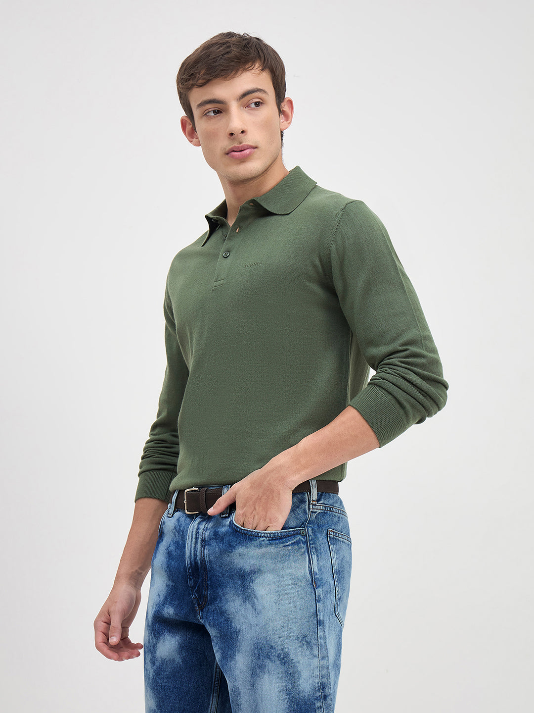 ICONIC Men Green Solid Polo Neck Regular Fit Sweater