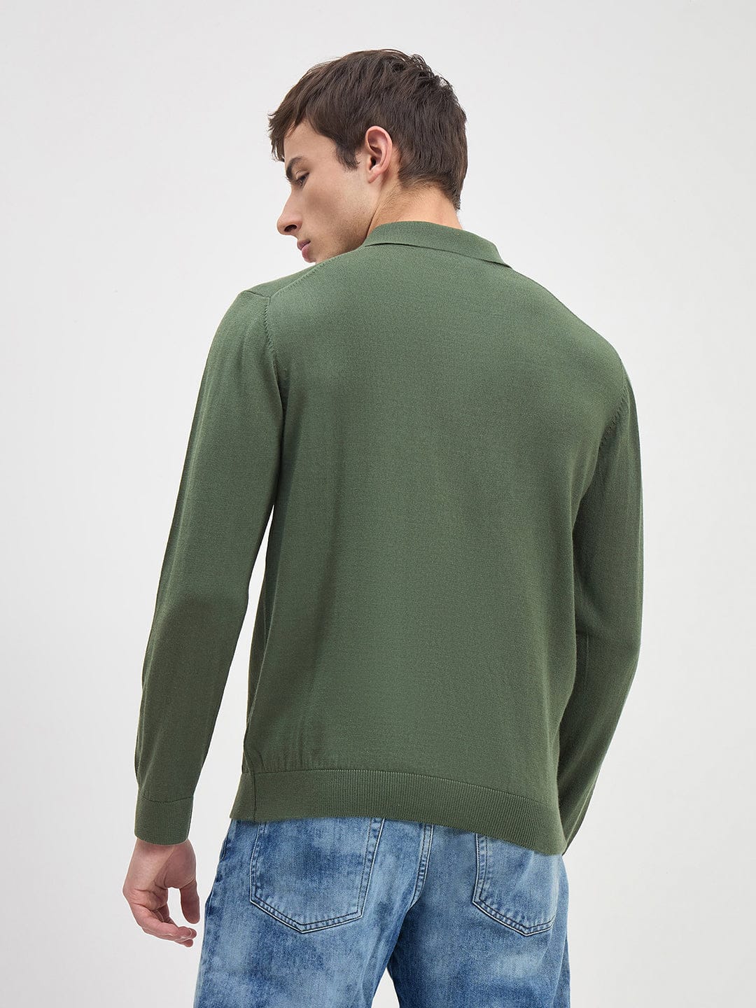 ICONIC Men Green Solid Polo Neck Regular Fit Sweater