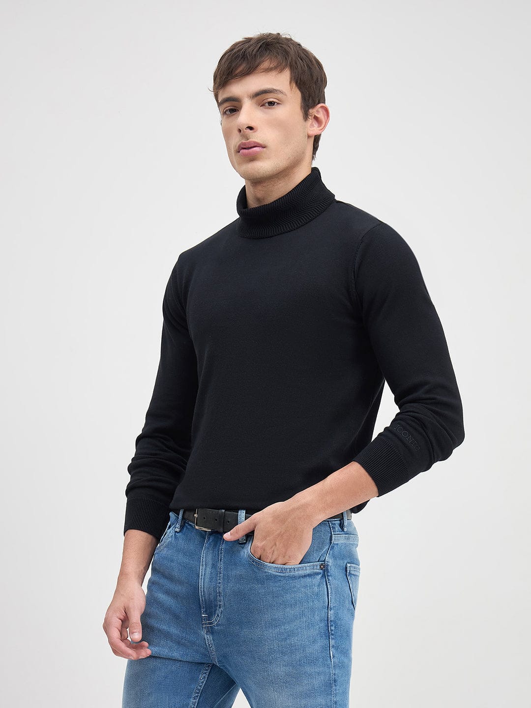 ICONIC Men Jett Black Solid High Neck Regular Fit Sweater