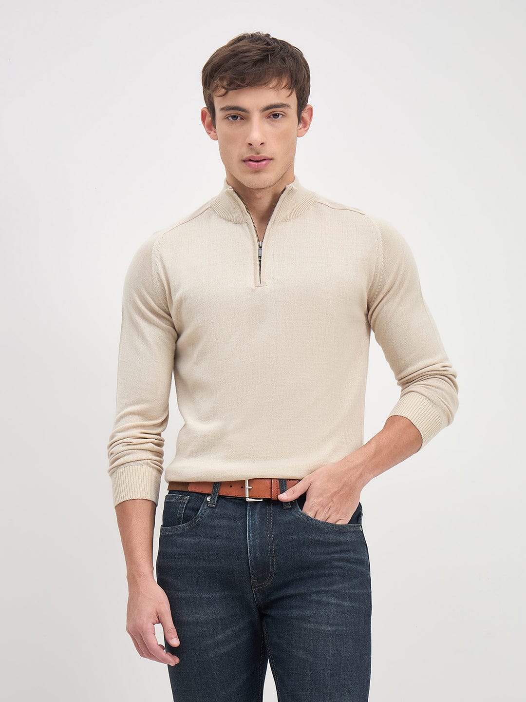 ICONIC Men Beige Solid High Neck Regular Fit Sweater