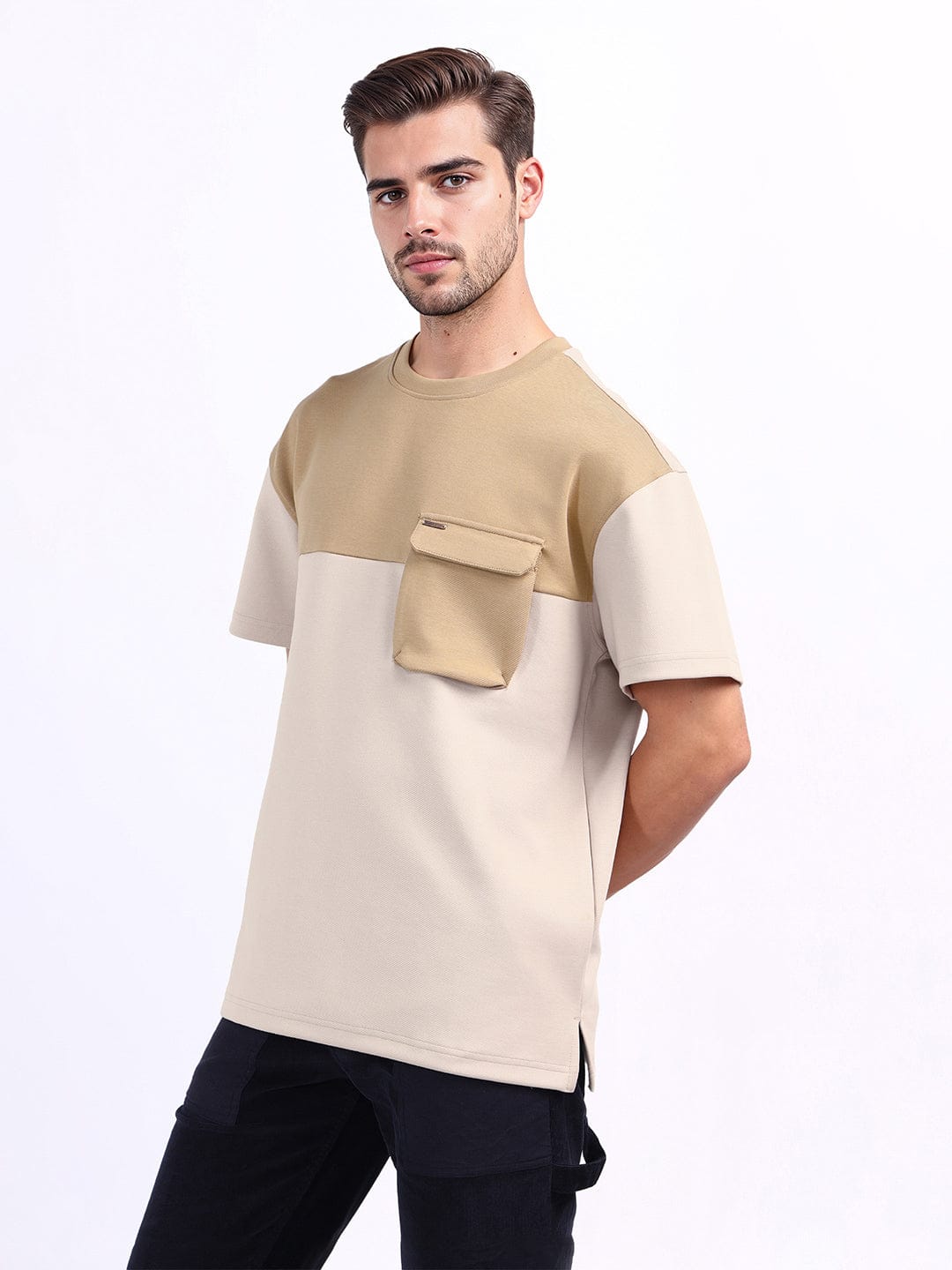 Iconic Men Beige Coloublocked Crew Neck Tshirt