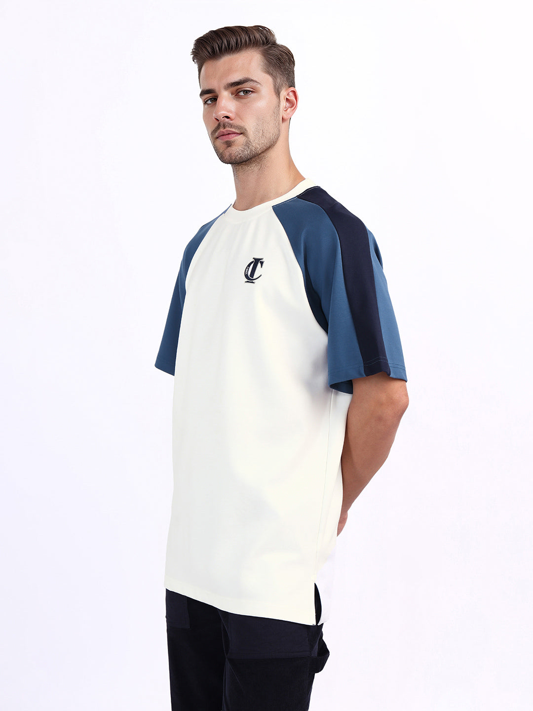 Iconic Men White Coloublocked Crew Neck Tshirt