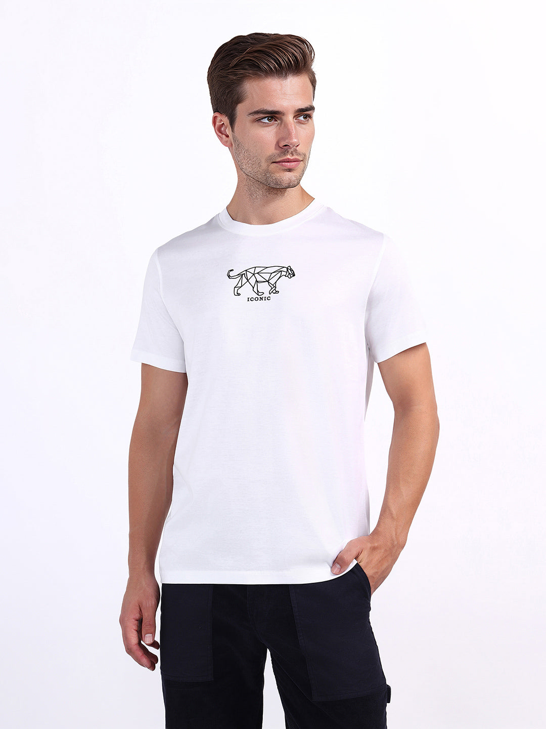 Iconic Men White Solid Crew Neck Tshirt