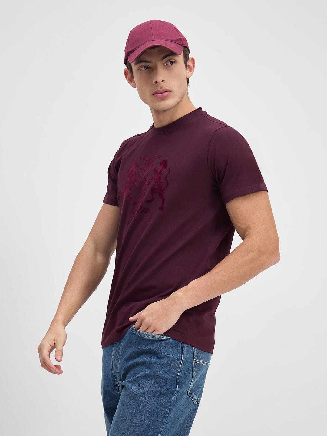 ICONIC Men Wine Logo Crew Neck Regular Fit T-Shirt