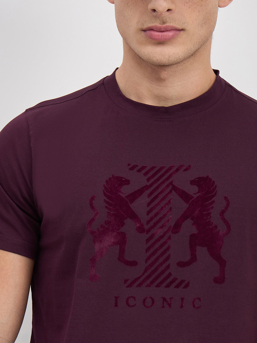 ICONIC Men Wine Logo Crew Neck Regular Fit T-Shirt