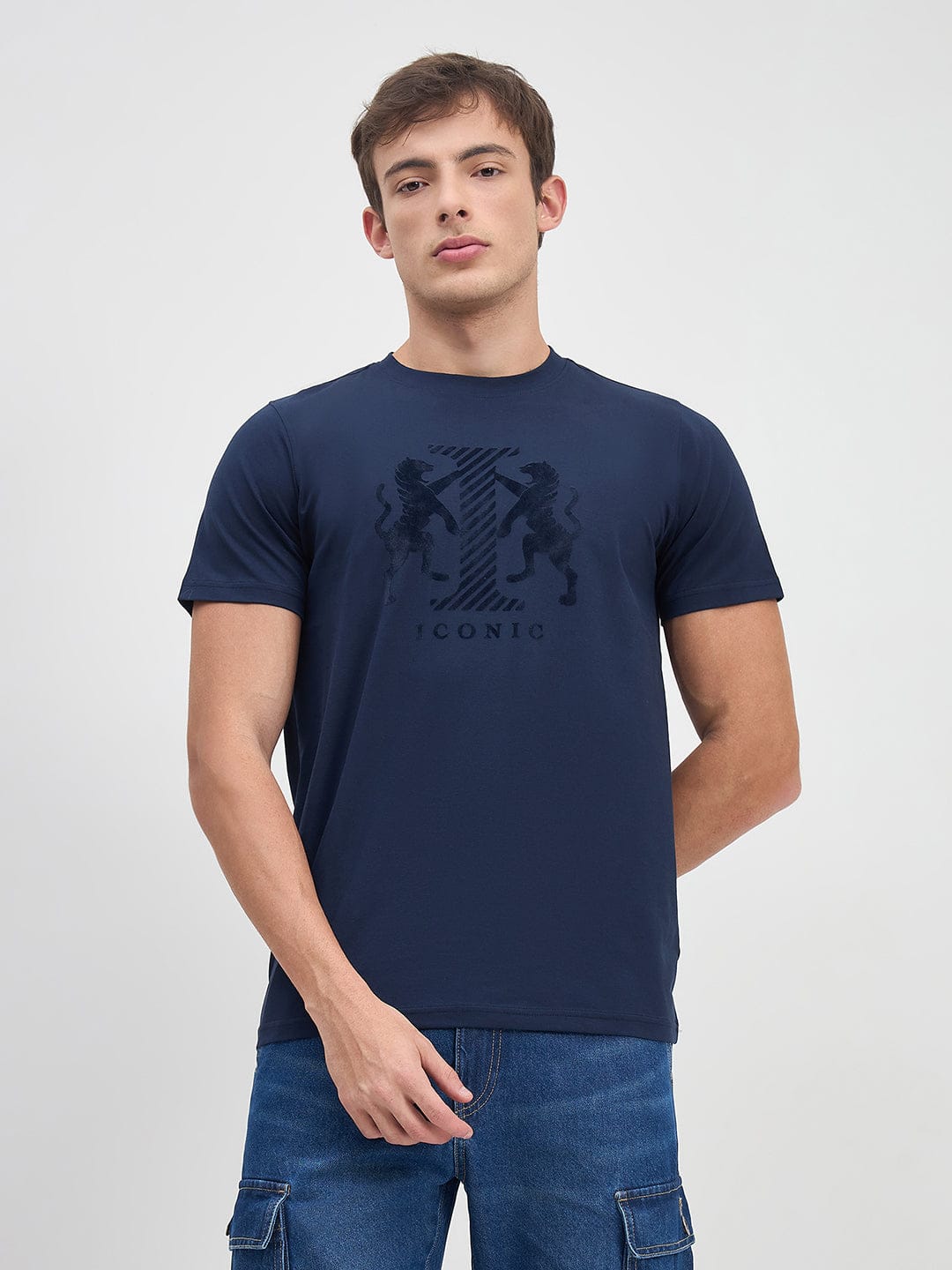 ICONIC Men Navy Blue Logo Crew Neck Regular Fit T-Shirt