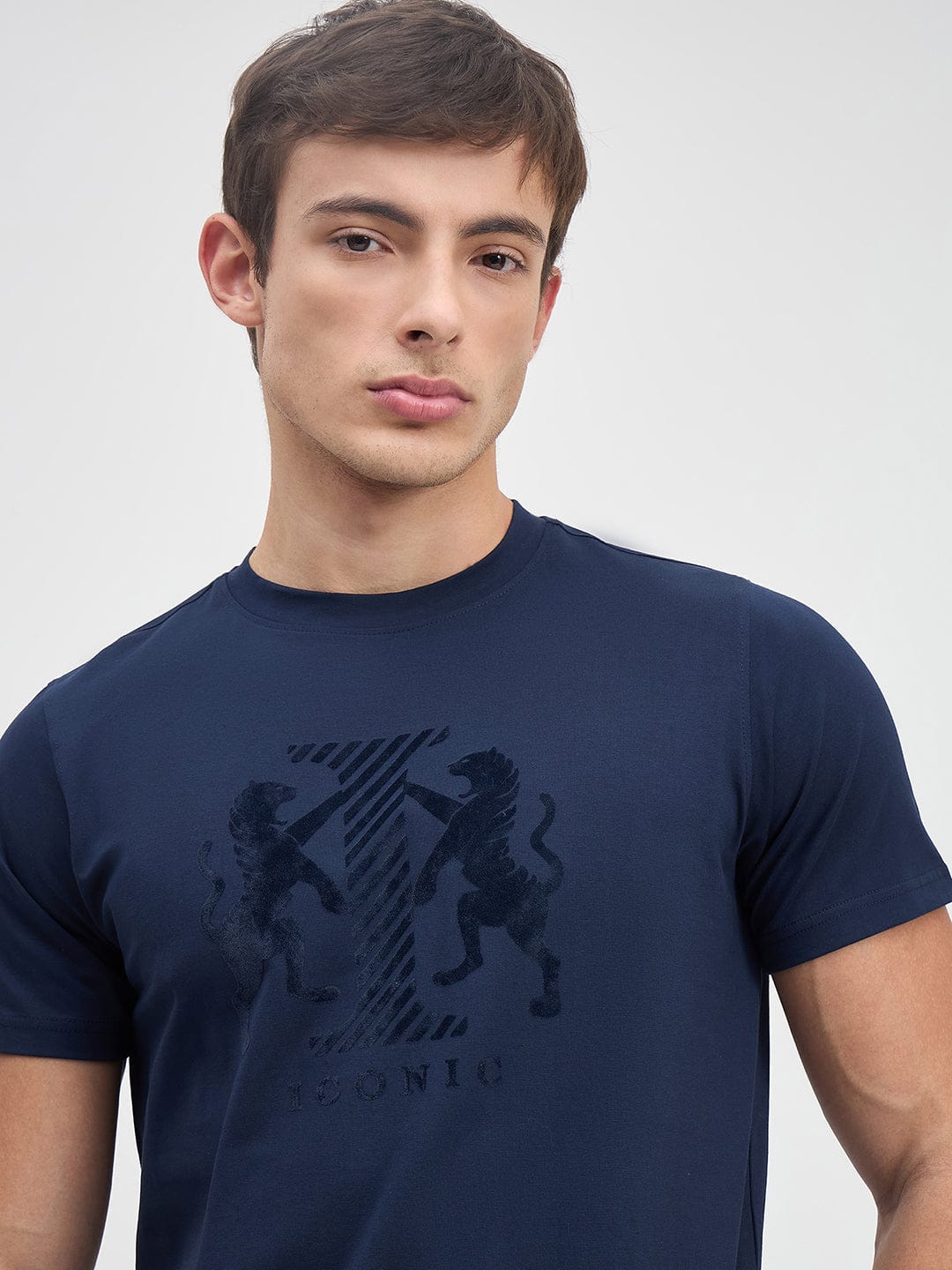 ICONIC Men Navy Blue Logo Crew Neck Regular Fit T-Shirt