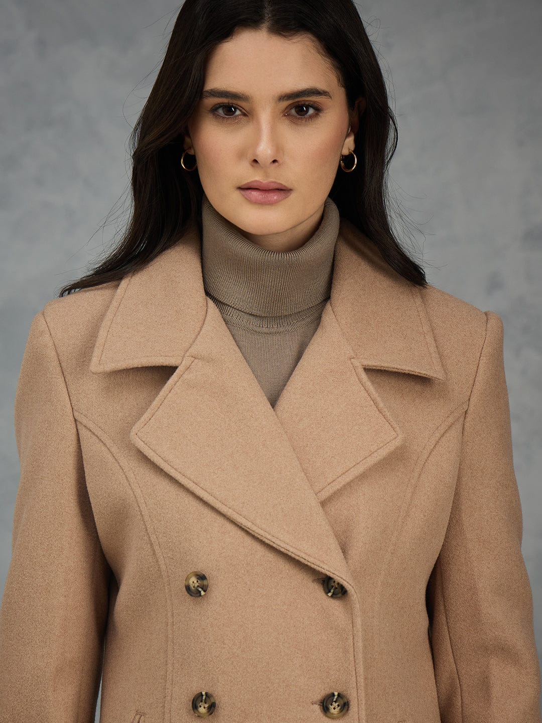 Iconic Women Brown Solid Lapel Collar Overcoat