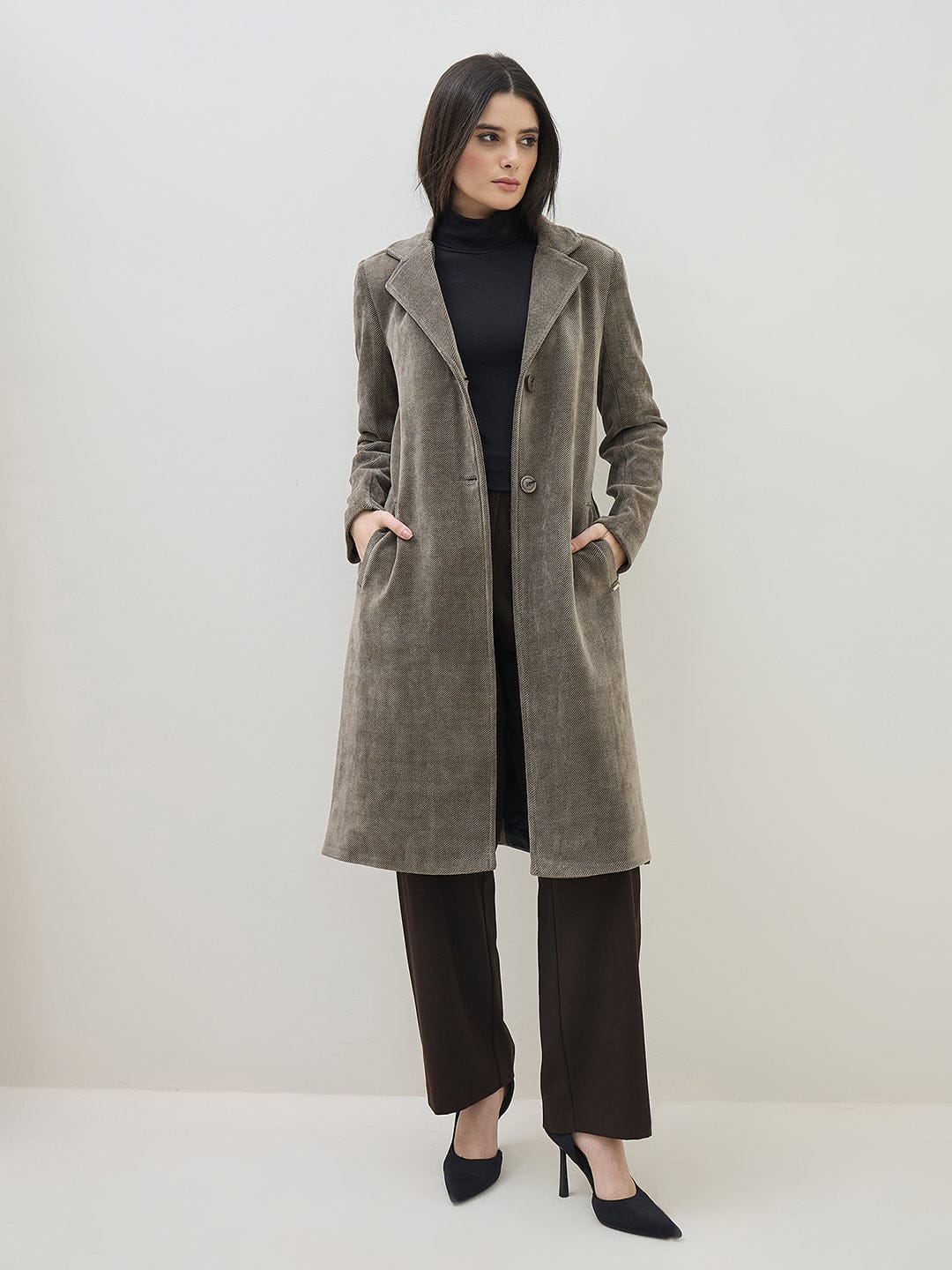 ICONIC Women Taupe Textured Notch Lapel Regular Fit Overcoat