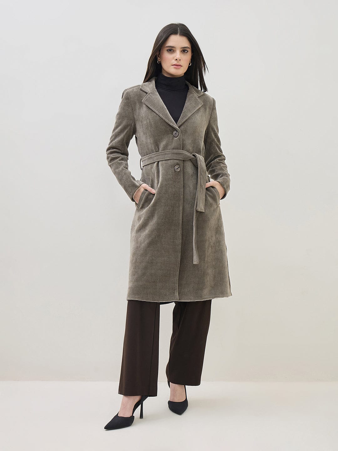 ICONIC Women Taupe Textured Notch Lapel Regular Fit Overcoat