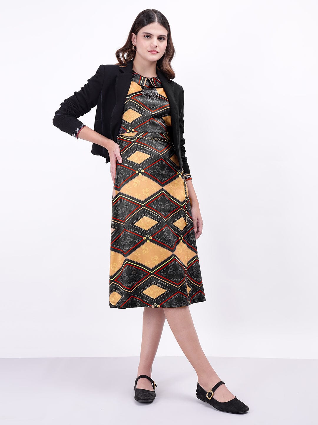 Iconic Women Black Printed Collar Dress