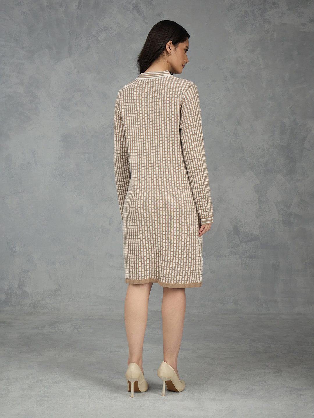 Iconic Women Beige Solid Pure Cotton Round Neck Straight Dress