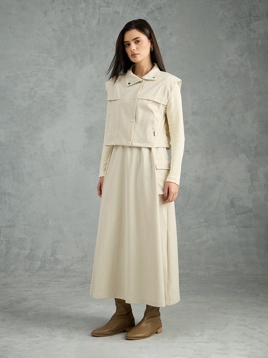 Iconic Women Beige Solid Pure Cotton Collared Dress