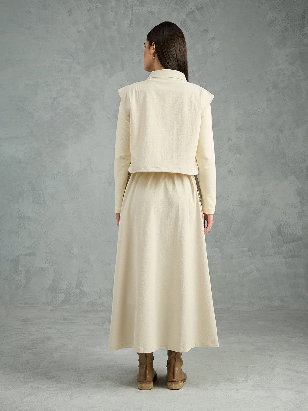 Iconic Women Beige Solid Pure Cotton Collared Dress