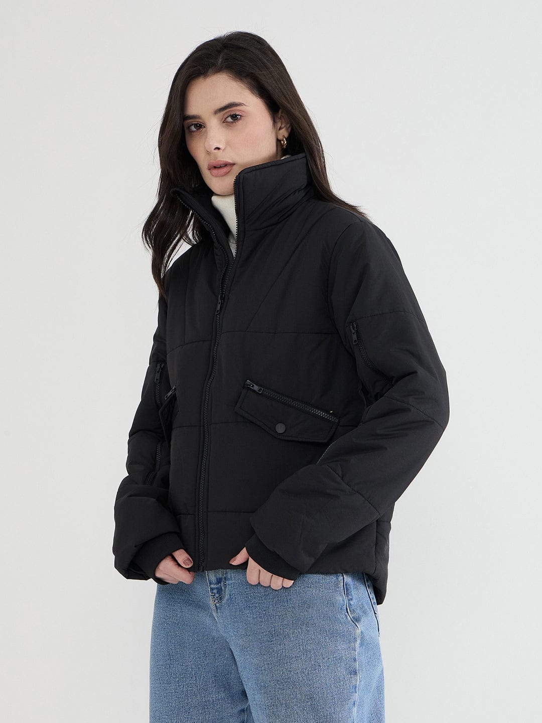 Iconic Women Black Solid High Neck Jacket