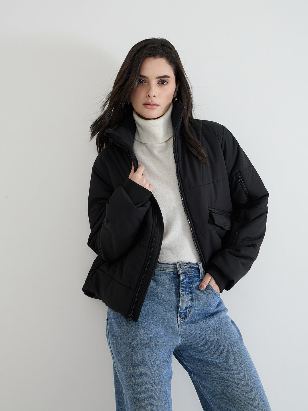 Iconic Women Black Solid High Neck Jacket