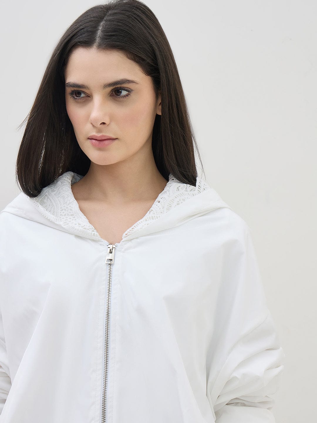 ICONIC Women White Hooded Regular Fit Jacket