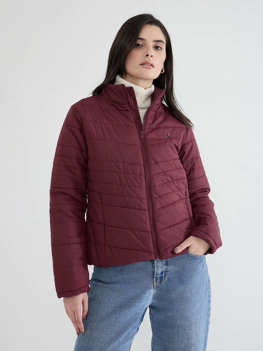 Iconic Women Maroon Solid High Neck Jacket