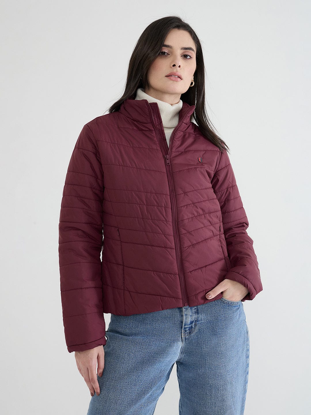 Iconic Women Maroon Solid High Neck Jacket