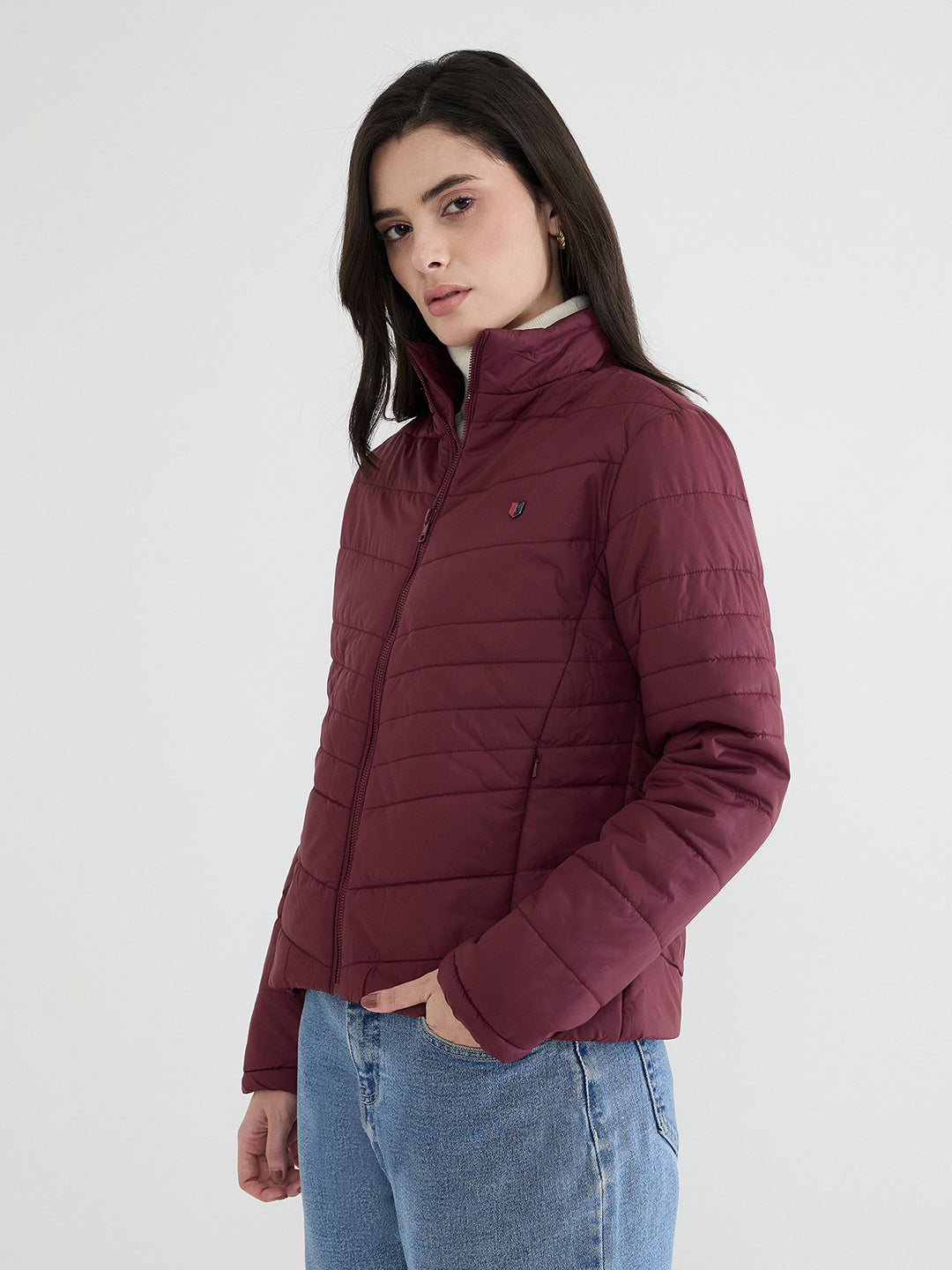 Iconic Women Maroon Solid High Neck Jacket