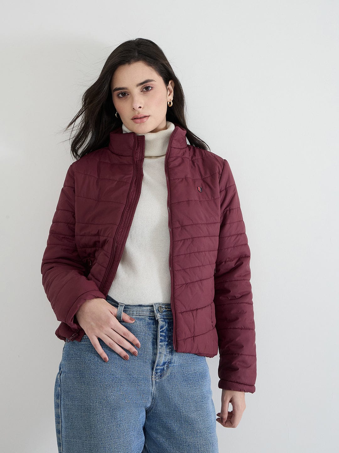 Iconic Women Maroon Solid High Neck Jacket