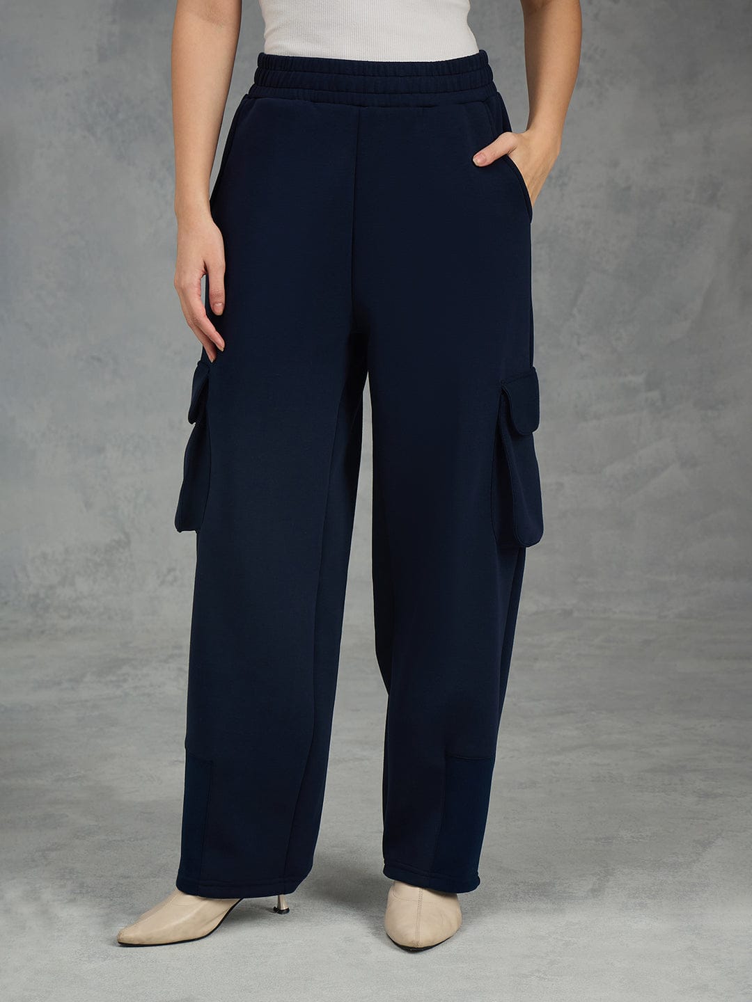 Iconic Women Navy Blue Solid Cargo Fit Sweat Pant