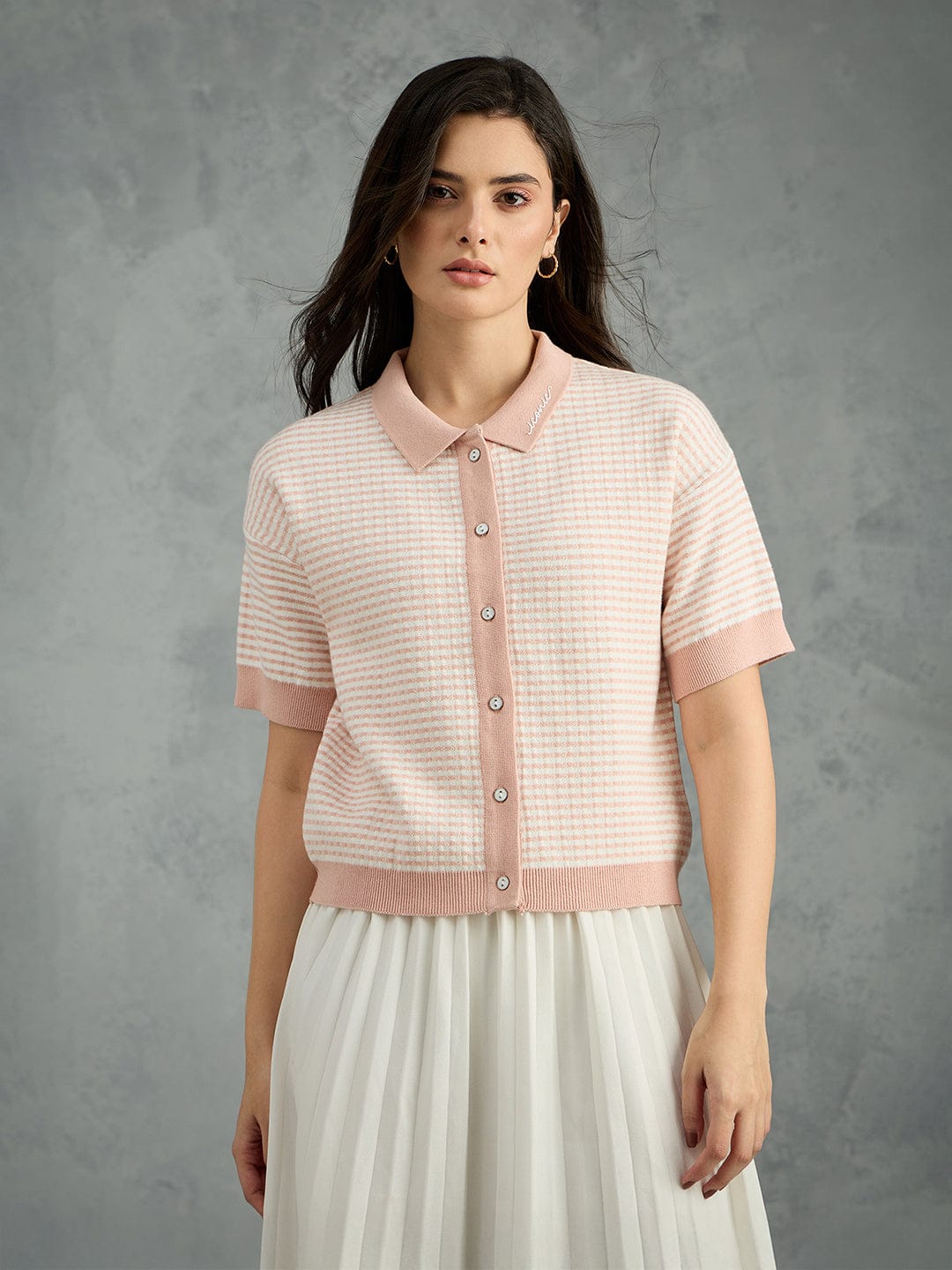 Iconic Women Pink Striped Pure Cotton Polo Collar T-Shirt