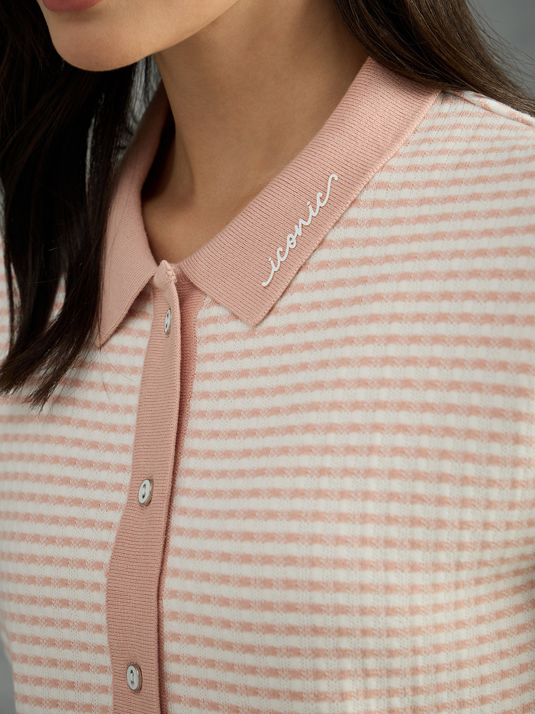 Iconic Women Pink Striped Pure Cotton Polo Collar T-Shirt