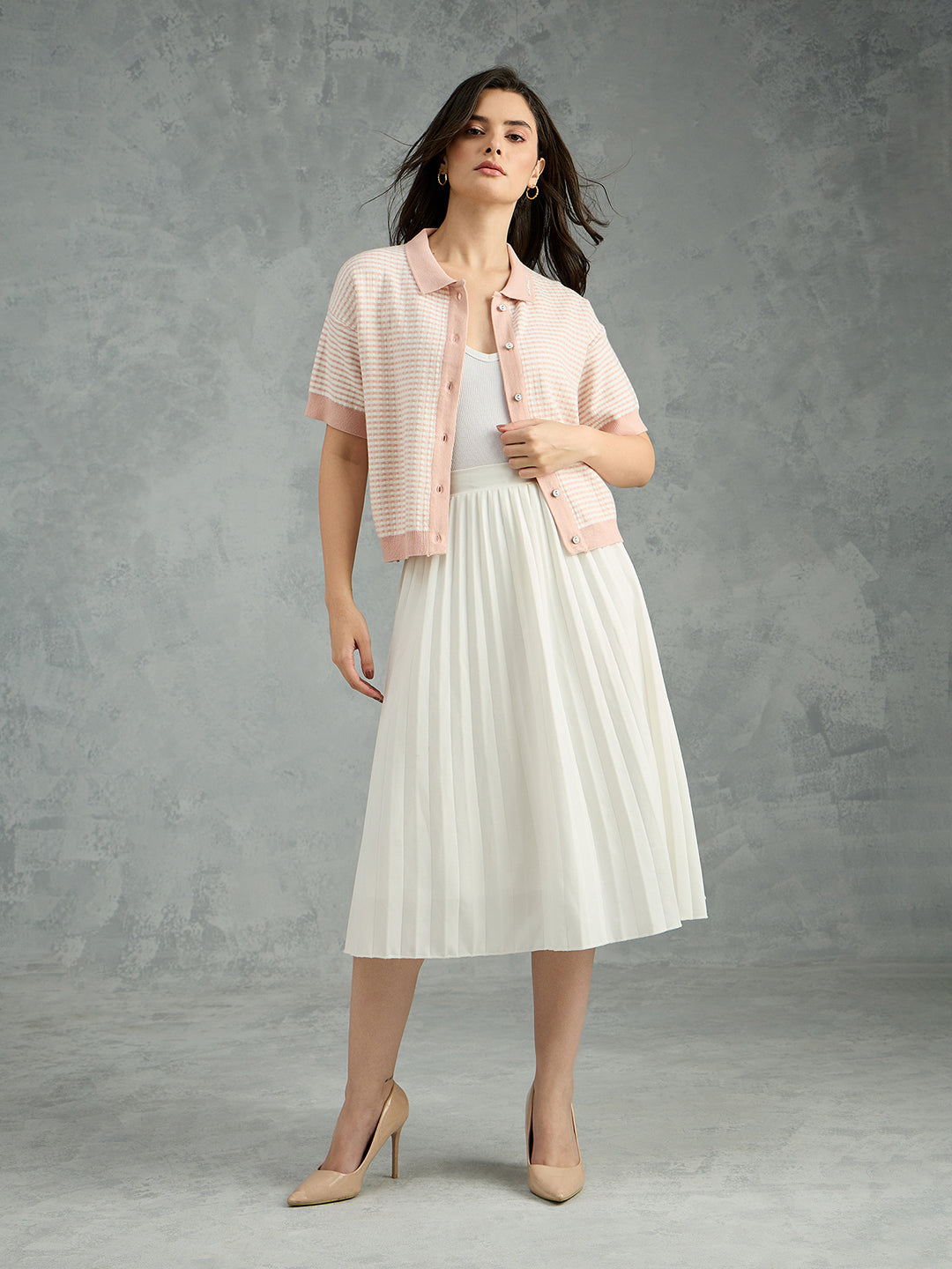 Iconic Women Pink Striped Pure Cotton Polo Collar T-Shirt