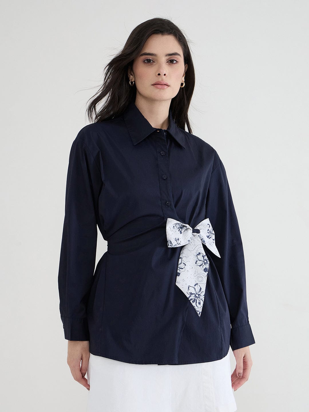 Iconic Women Navy Blue Solid Collared Shirt