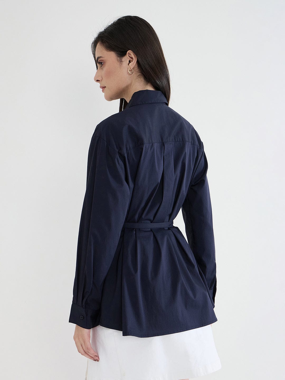 Iconic Women Navy Blue Solid Collared Shirt