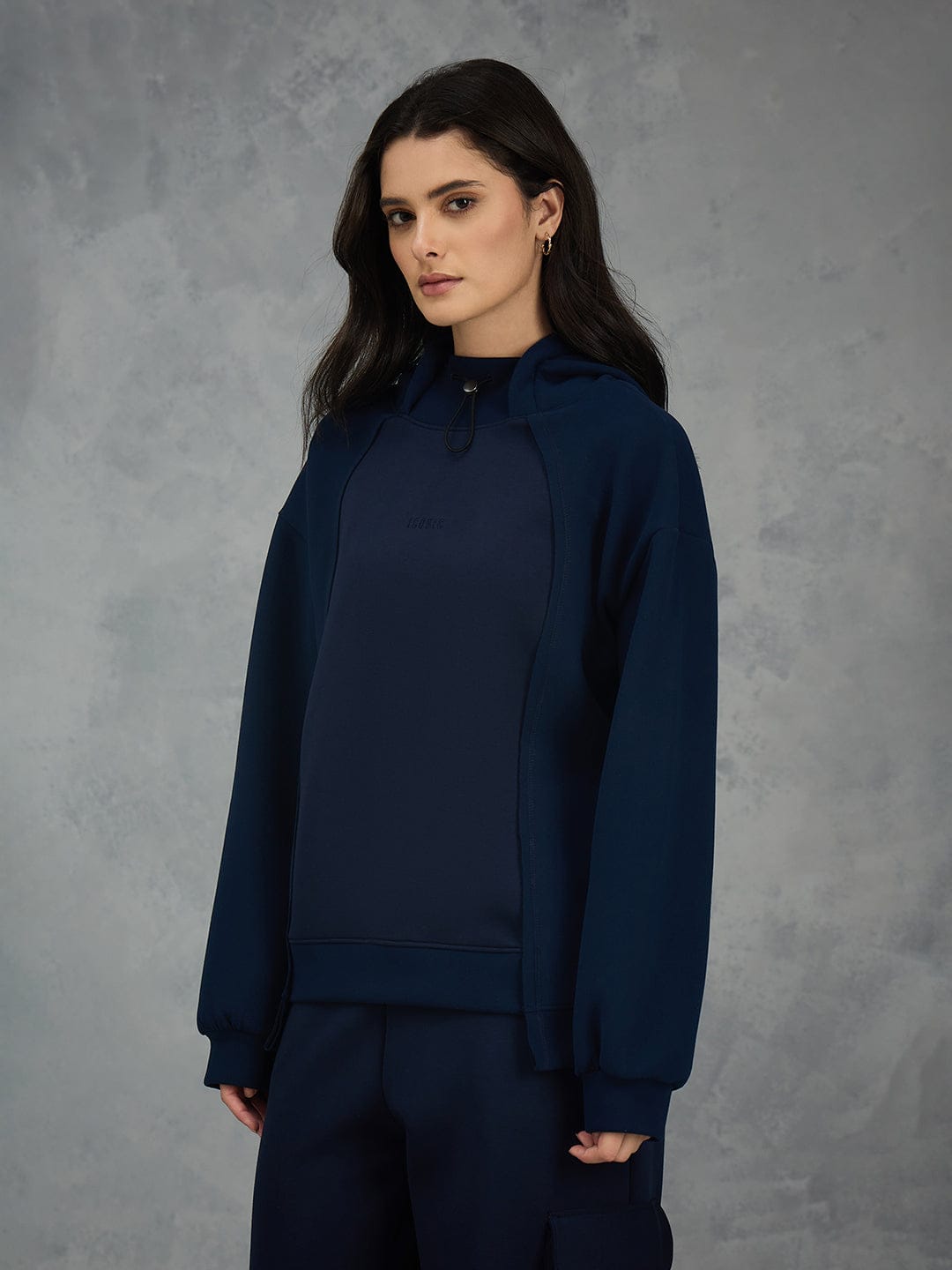 Iconic Women Navy Blue Solid Hoodie