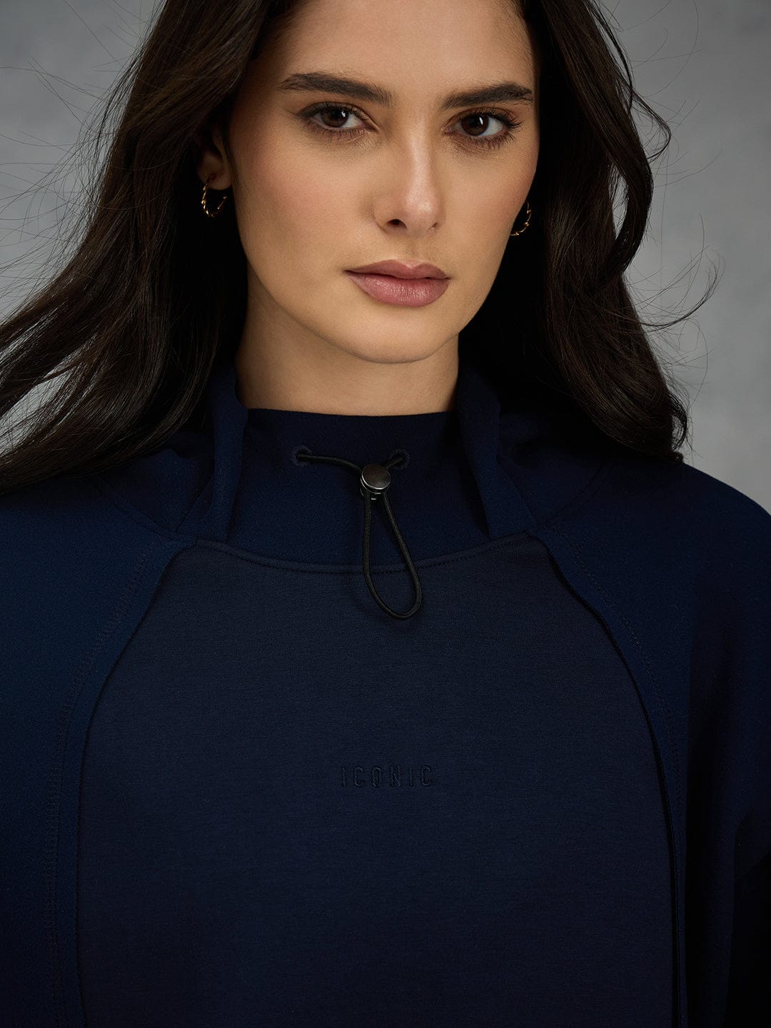 Iconic Women Navy Blue Solid Hoodie