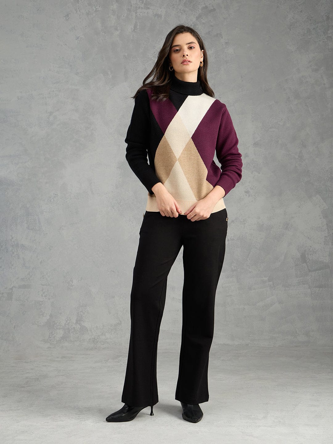 Iconic Women Multicolor Textured High Neck Sweater