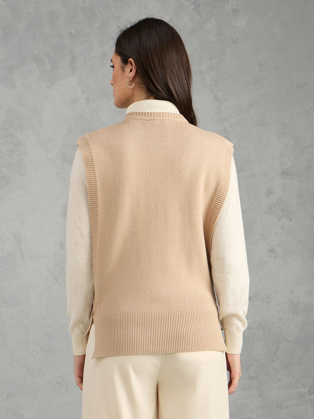 Iconic Women Beige Textured Round Neck Straight Fit Sweater