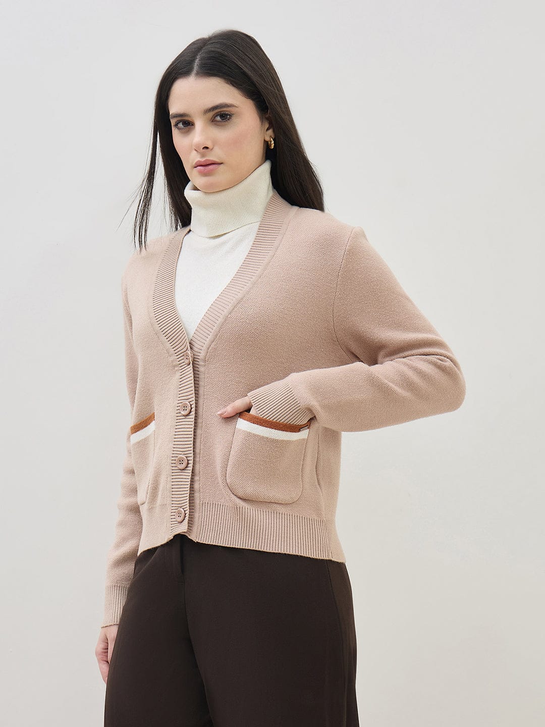 ICONIC Women Beige Textured V Neck Regular Fit Sweater