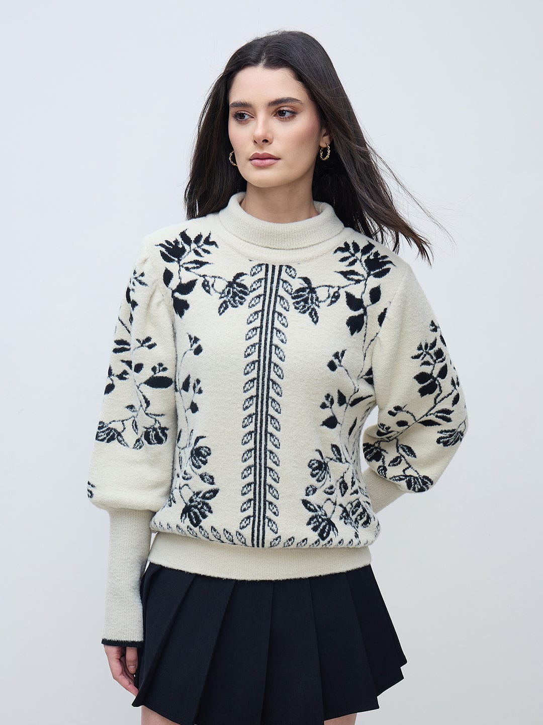 Iconic Women Off White Textured High Neck Sweater