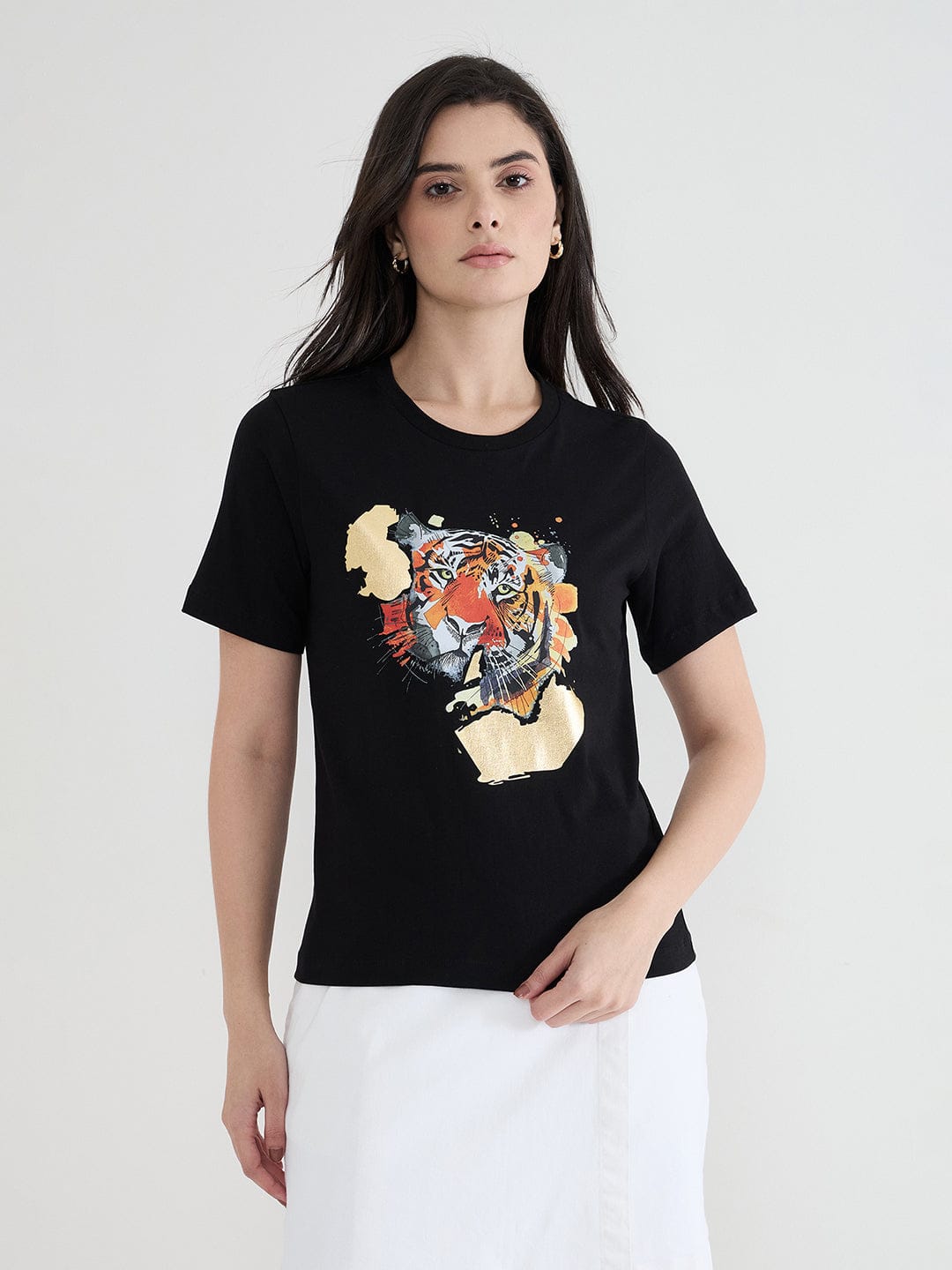 Iconic Women Black Printed Pure Cotton Round Neck T-Shirt