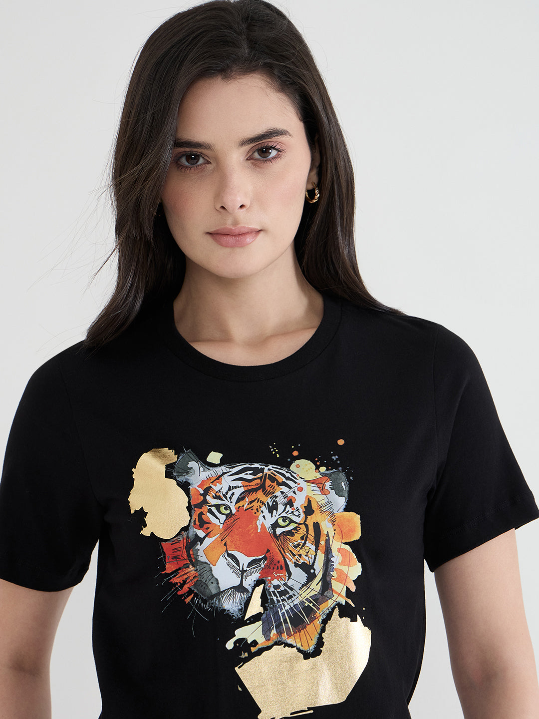 Iconic Women Black Printed Pure Cotton Round Neck T-Shirt