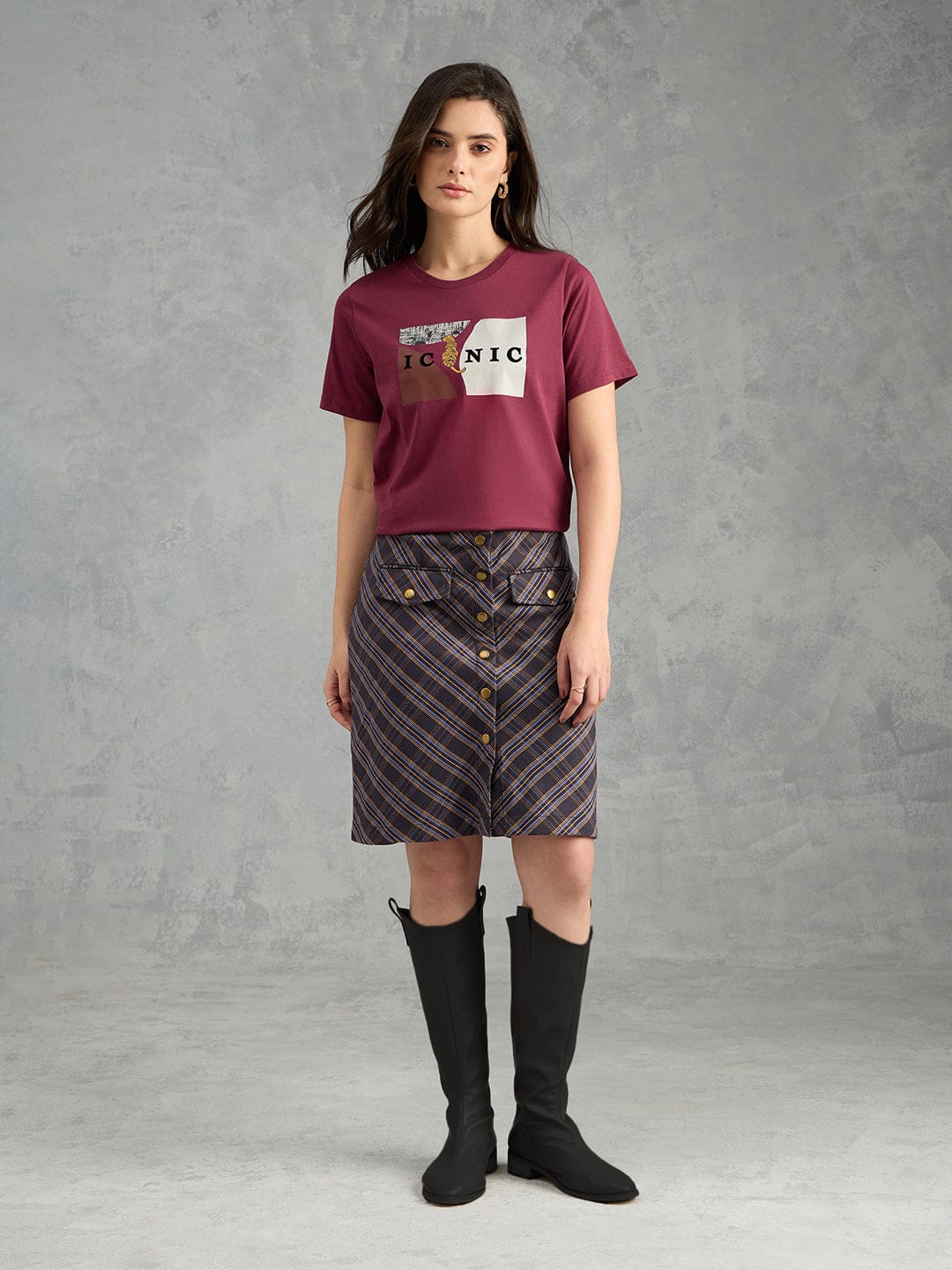 Iconic Women Maroon Printed Pure Cotton Round Neck T Shirt