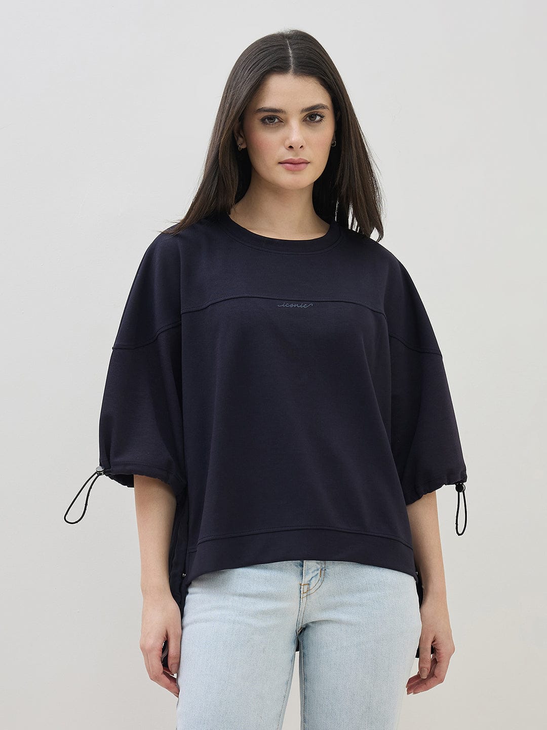 ICONIC Women Navy Blue Round Neck Boxy Fit T Shirt