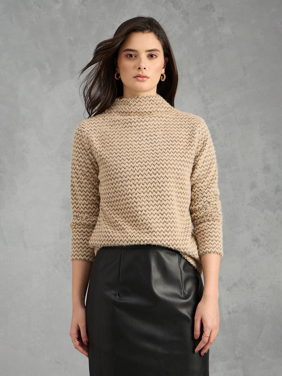 Iconic Women Brown Textured High Neck Sweater
