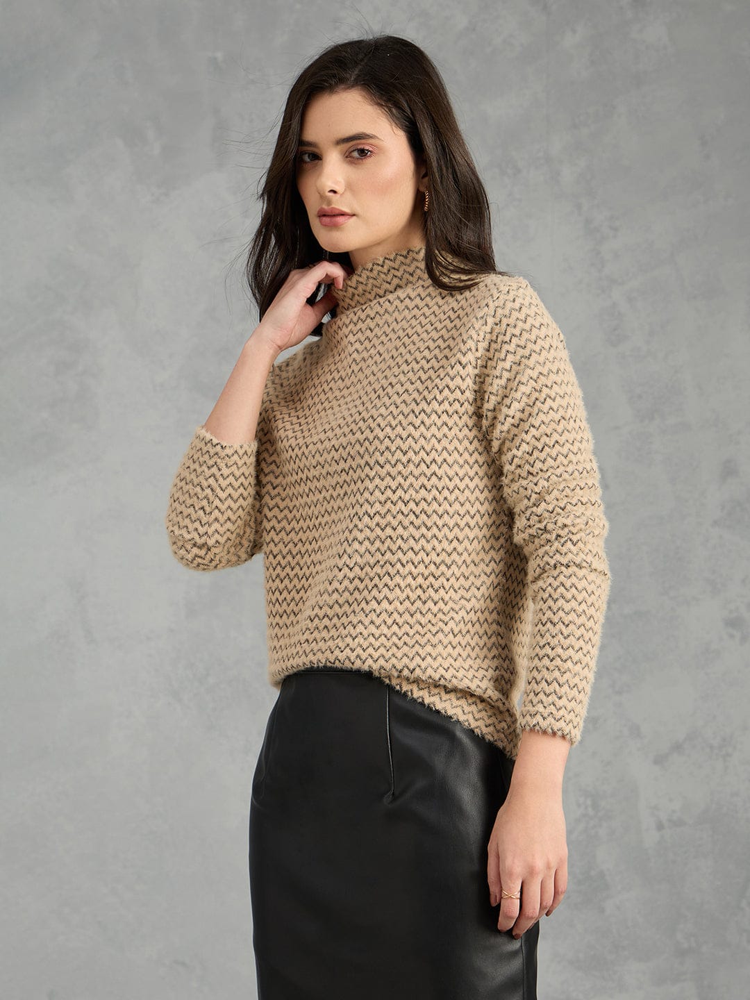 Iconic Women Brown Textured High Neck Sweater