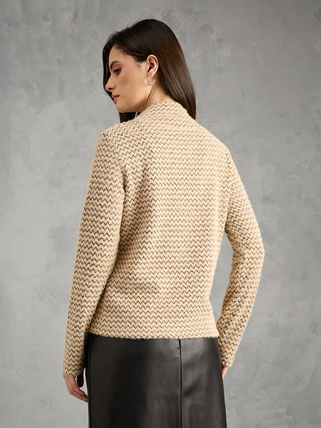 Iconic Women Brown Textured High Neck Sweater