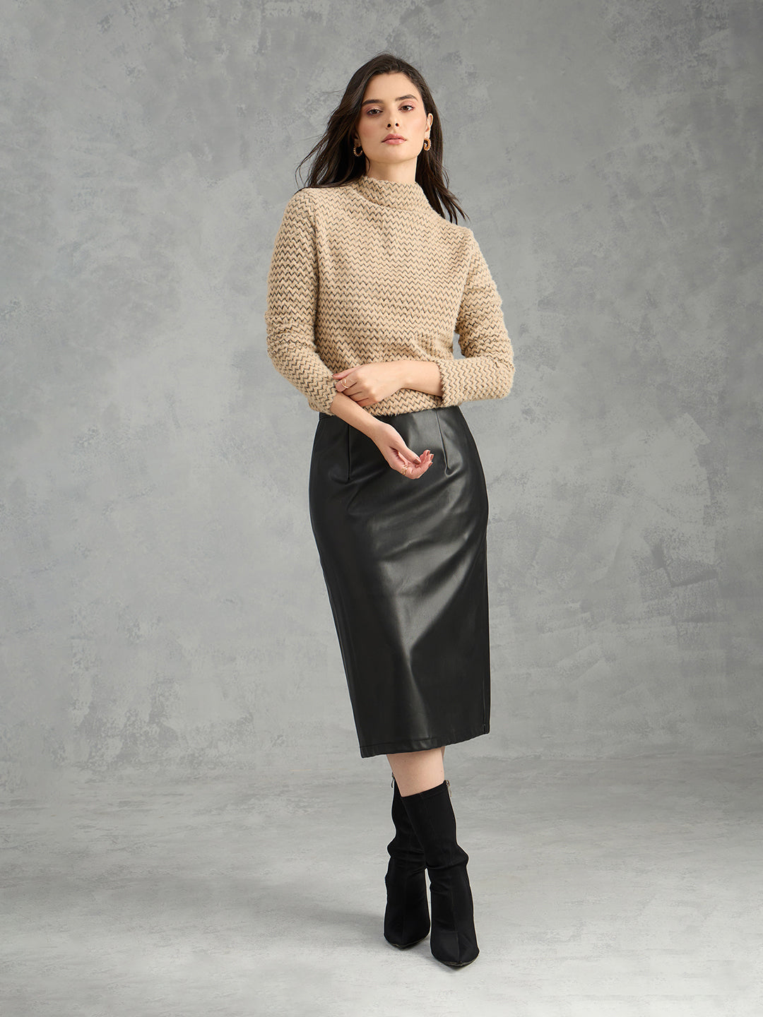Iconic Women Brown Textured High Neck Sweater